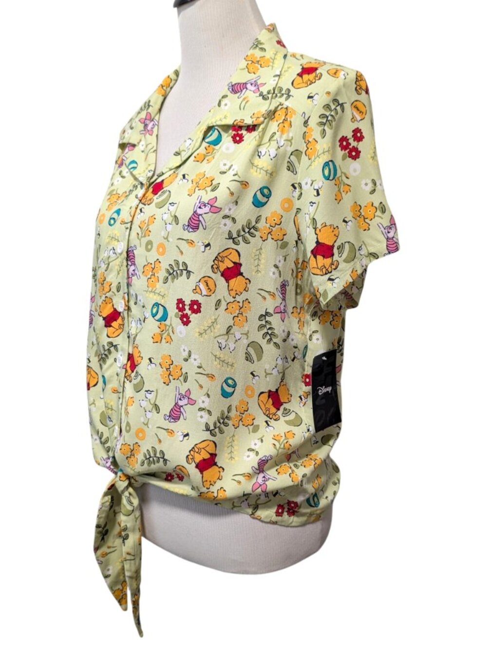 Disney Hot Topic Womens NWT Size XL Green Pooh Bear Cottage Floral Tie Waist Top - Picture 3 of 10